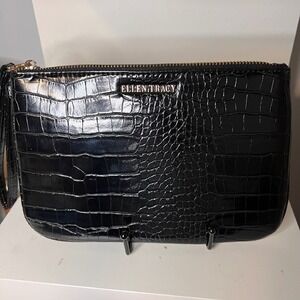 Ellen Tracy Wristlet Clutch Croc‎ Embossed Zip Around Black Small